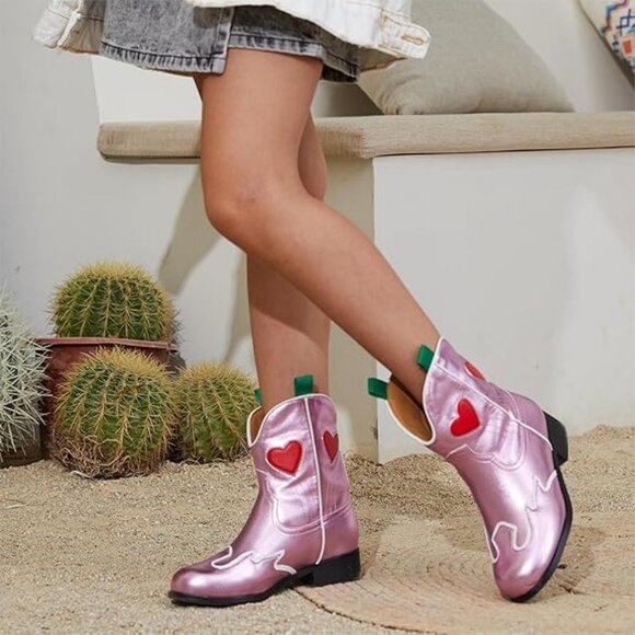 Girls Cowboy Boots Mid-Calf Western Cowgirl Riding Shoes Kids Pull-On - Picture 2 of 6